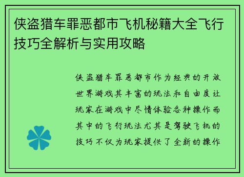 侠盗猎车罪恶都市飞机秘籍大全飞行技巧全解析与实用攻略