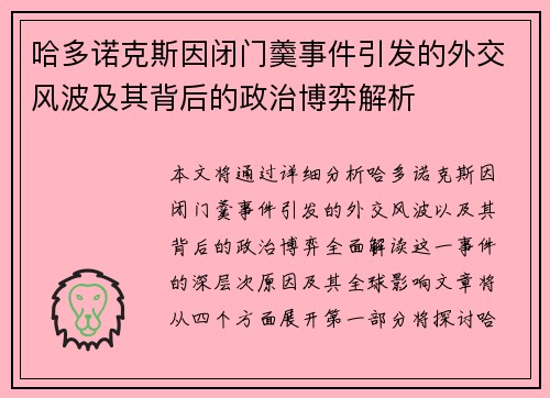 哈多诺克斯因闭门羹事件引发的外交风波及其背后的政治博弈解析